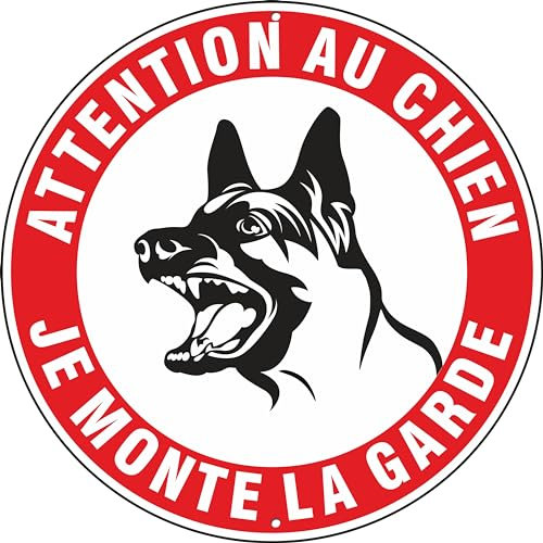 Pubblimania ATTENTION AU CHIEN JE MONTE LA GARDE propriétés privées, panneau plaque en métal aluminium, épaisseur 3 mm avec 2 trous Ø 30 (Attention au chien je monte la garde)
