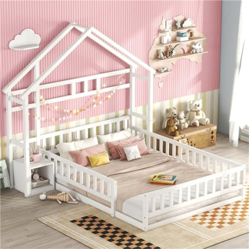 Tcewhhy Hausbett 140x200 cm Mit Absturzsicherung Kinderbett Mit Geländer Und Nachttischen Bodenbett Jugendbett Für Erwachsene Jugendliche Doppelbett Lattenrost Aus Holz Weiß