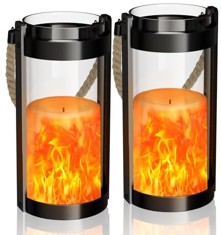 LED Laternen Batteriebetrieben, 2 Stück Laterne mit LED Kerze Gartenlaterne Hängend Laternen für Außen und Innen IP54 Wasserdicht LED Campinglampe Hängend Glas LED Vintage Laternen mit Flackerflamme