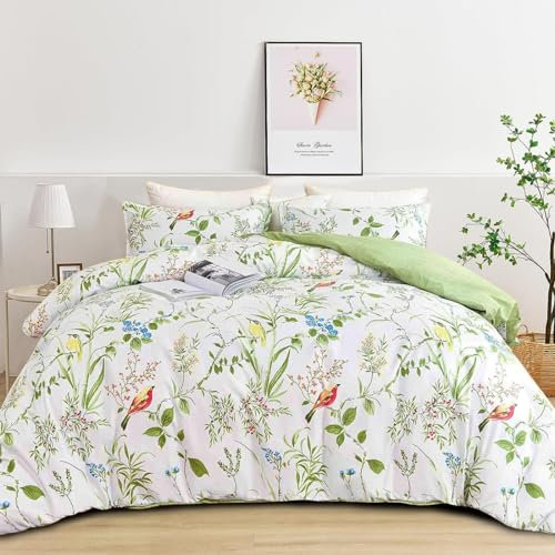 Freyamy Housse de Couette Fleurie 200x200+2 Taie d'oreiller 65x65 Blanc Vert Coloré Feuilles Floral Parure de lit 2 Personnes Adulte Fleurs Sets de Housse Couette en Microfibre avec Fermeture Éclair