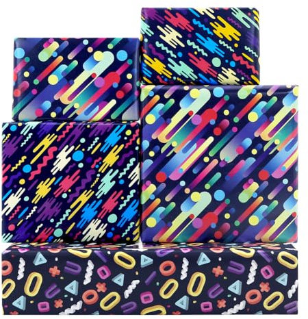 Geometrisches Retro-Geschenkpapier für Damen und Herren, Jungen, 90er-/80er-Jahre Graffiti-Geburtstagspapier, 6 Blatt 50 x 70 cm pro Blatt, für 90er-/80er-Jahre,Neon-Retro-Geburtstagsparty
