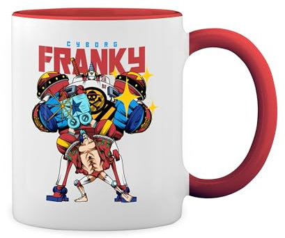 Cyborg Franky Straw Hat Pirates Water 7 Inspired Monkey Luffy Fun Lustige Trend White Coffee Mug with Red Rim & Handle