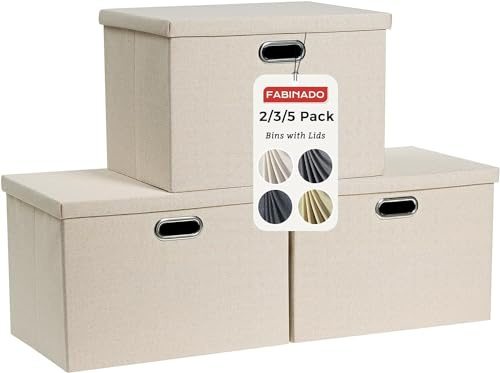 FABINADO 260g/m² Large Fabric Storage Boxes with Lids, Linenette Storage Baskets for Clothes & Toys, Odour Dispersal Process, 3mm Support Layer, Reinforced Edges, 3 Pack, Candlelit Beige