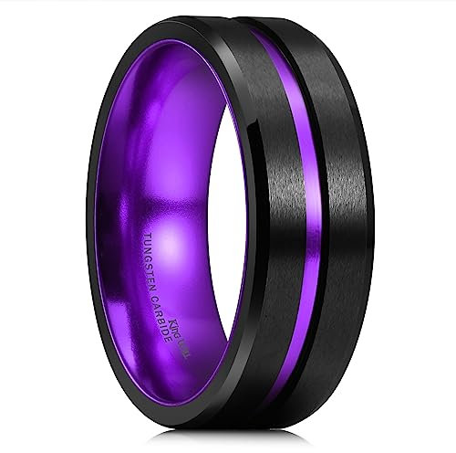 King Will Tungsten Carbide Wedding Band for Men - 8mm Black Brushed Finish with Purple Grooved Center Everyday Wear Comfort Fit V(11)