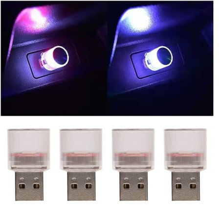 CGEAMDY 4 Stück Mini USB LED Licht Autozubehör, USB Freie Installation Auto Umgebungslicht, Freie Installation Auto-Ambiente-Licht Autozubehör für Autos SUVs LKWs(Bunt)
