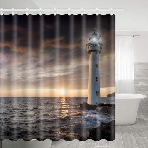 igyhuij 3D Duschvorhang 120x200 Leuchtturm - Waschbar Duschvorhänge Leuchtturm Badevorhang - Wasserabweisend Anti-Schimmel Shower Curtains mit 8 Haken JJ4660