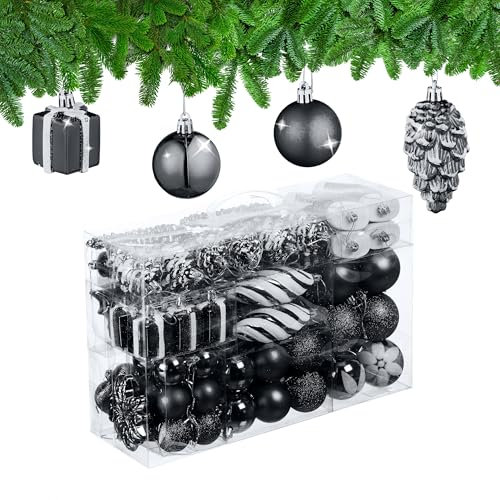 Relaxdays Weihnachtskugeln 72er Set, glitzernde, Matte, glänzende Baumkugeln, Stiefel, Herz, Zapfen, Kunststoff, schwarz