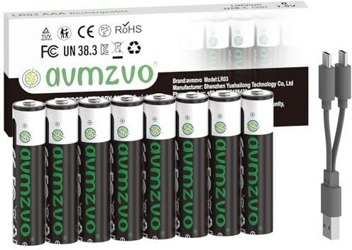 avmzvo Batteria AAA da 1,5 V, 1100 mWh, ricaricabile USB-C al litio con cavo di ricarica USB-C 2 in 1, ricarica rapida, 8 pezzi