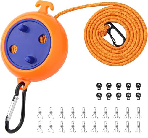 Voarge 10M Wäscheleine Ausziehbar mit 10 Feste Schnallen und 20 Winddichte Wäscheklammern, Reise Urlaub Outdoor wäscheschnur Wäscheständer für Badezimmer, Waschküche, Garten oder Reise