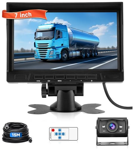 Rimoody AHD 1080P Cámara de Marcha Atrás de Coche Kit con 7 Pulgadas Monitor, Camara Trasera IP69 Impermeable Visión Nocturna con 15M Cable para Camión/Remolque/Bus/Furgoneta/Agricultura/Caravana