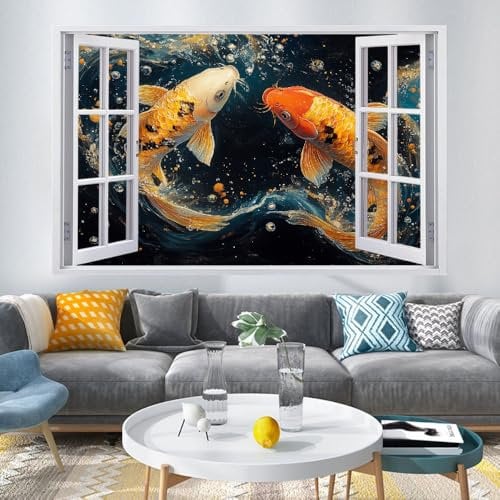 Wandsticker 3D Durchbruch Fisch Koi Wandtattoo kinderzimmer Deko Abstrakte Kunst Wandaufkleber Wanddurchbruch Wandsticker Wandbild für Mädchen Teenager Zimmer Wohnzimmer Schlafzimmer