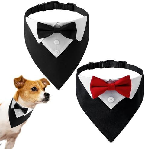Tkxjry Formelles Hunde Smoking Bandana,Hunde Smoking Bandana,Hund Tuxedo Baumwolle Bandana,Verstellbar Krawatte Haustier,Hochzeitshalsband mit Fliege und Halsband für Hunde und Katzen,schwarz + rot M