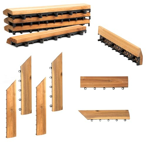 Crystals 1 Slat Interlocking Wooden Deck Tile Edges 30 x 7 x 3cm Hardwood Tile Edges for Patio, Balcony, Garden – Easy Installation, Durable Wood Solution, Great Drainage (8 x Edges For Floor Tiles)
