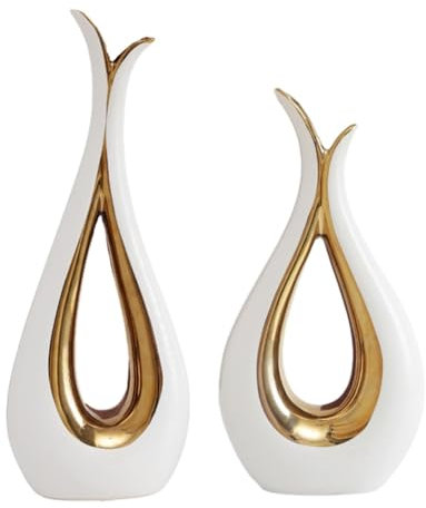Ceramic Flower Vases Set of 2, Modern Minimalist, Bohemian,with Hole Decorative Vase,for Home Decor, Bedroom,Coffee Table, Weddings, Restaurants, Office and Entryway Decorations (White Gold)