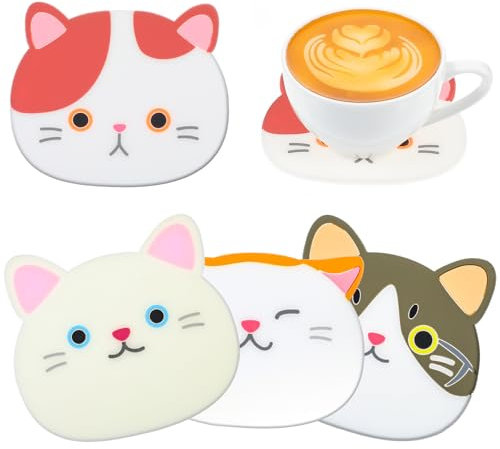Tyqour 4 Stück Silikon Katze Untersetzer, Cartoon-Katzen Getränkeuntersetzer, Dekorative Glasuntersetzer Hitzebeständige Glas Untersetzer Tischuntersetzer für Gläser Tisch Schreibtisch Büro Küche