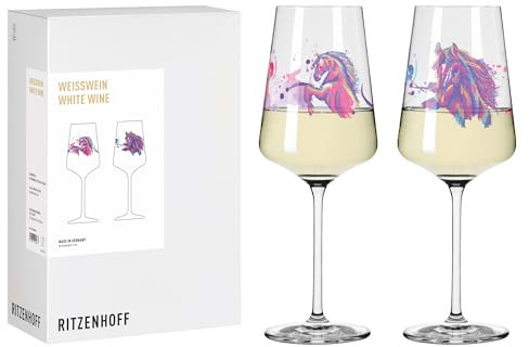 RITZENHOFF 8085002 Weißweinglas 2er Set 400 ml, Serie Reitgold - 2 Stück mit Motiv Pferde lila-pink, Made in Germany