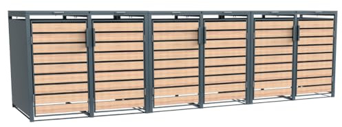 Westmann Lacina 6 Mülltonnenbox für 6x240 l, Stahl in Holzoptik, Anthrazit | Praktische Fronttüren erlauben müheloses Hinein- und Herausrollen der Tonnen, Gasdruckfedern sichern den Deckel beim Öffnen.
