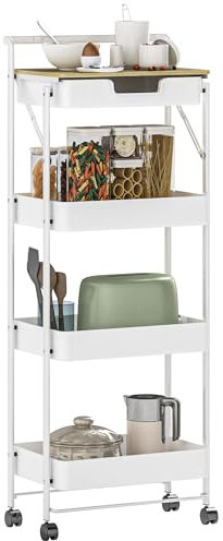 HOMCOM Carrito Auxiliar con Ruedas de 4 Niveles Carro de Cocina con 1 Cajón y 3 Cestas Carrito Organizador para Dormitorio Salón Oficina Blanco
