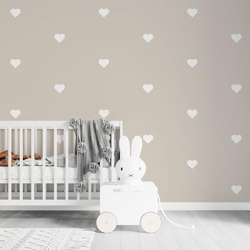 UNIK Nordic Vliestapete Kindertapete Herzen 450 x 280 cm – dezentes Design mit weißen Herzchen auf Beige – liebevoll & schadstofffrei – ideal für Babyzimmer oder Kinderzimmer