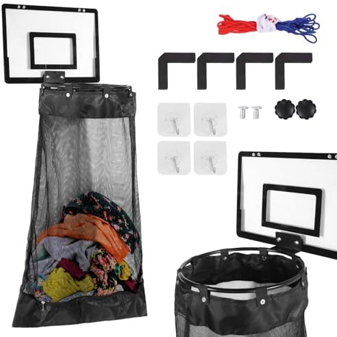 Over the Door Basketball Laundry Hamper, Hanging Laundry Basket with Basketball Hoop, Removable Black Net Laundry Bag for Door Hanging, Basketballs Laundry Hamper with Zipper for Room, Bathroom