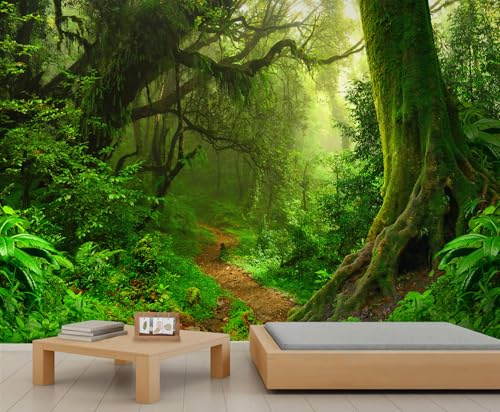 QDJKBL Green Forest Wall Mural Spring Jungle Rainforest Wallpaper Sunshine Tree Forest Natural Scenery Wall Murals Landscape Photo Wallpaper for Bedroom Kitchen 200 x 140 cm