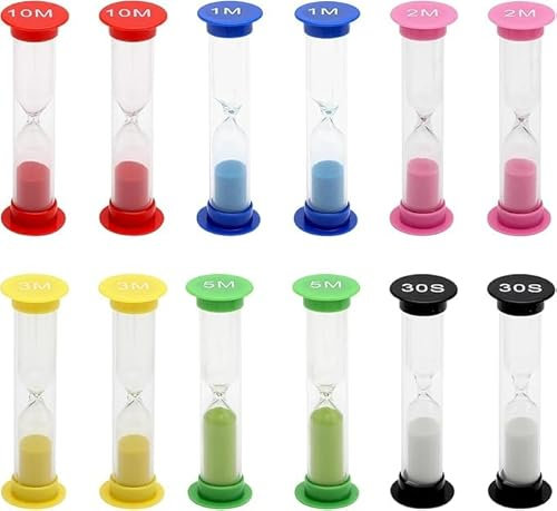 Lot de 12 sabliers colorés 30 Secondes, 1 Min, 2 Min, 3 Min, 5 Min, 10 Minutes, sabliers pour Enfants, pour la Vie des Enfants, l'apprentissage, la décoration de la Maison, Le Jeu