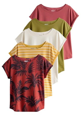 NEXT Damen 5er-Pack T-Shirts mit Flügelärmeln Pink/Green/White/Yellow Stripe/ Palm Print XL