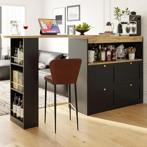 NovaFurnish Um 360° drehbarer Bartisch (Hauptkörper 105 x 39 x 102 cm), mit 4 Schubladen und offenen Ablagen, geeignet für Esszimmer/Arbeitszimmer/Wohnzimmer usw (4 Schubladen, Schwarz)