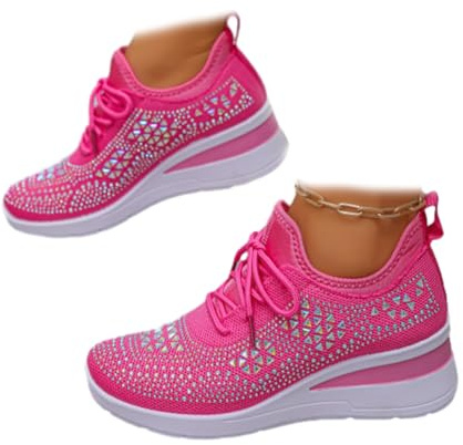 Chaussures de sport pour femmes avec strass scintillants à talon compensé, baskets à lacets avec strass et perles sur plateforme à talon compensé, baskets confortables scintillantes, rose rouge, 10 UK