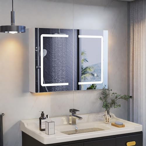 Badezimmerspiegel mit LED-Beleuchtung, 80 x 13,5 x 60 cm, Doppeltür, Spiegelschrank mit verstellbarem Regal, einstellbare Farbtemperatur (Doppeltür, 80 x 13,5 x 60 cm)