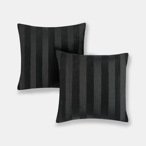OHS Cushion Covers Stripe Velvet, Soft Decorative Square Throw Pillow Covers Pack of 2 with Invisible Zipper for Sofa Bedroom Living Room 45 x 45cm, Black