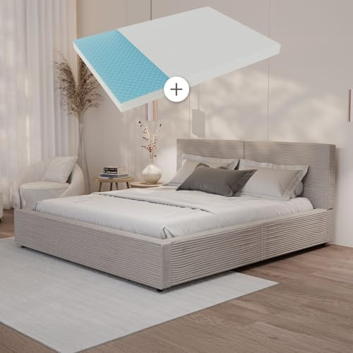 Juskys Polsterbett Salerno 180 x 200 cm mit Matratze – Cord Taupe, modernes Bett mit Kopf- & Fußteil, stabilem Holz- & Metallrahmen, Lattenrost, 500 kg Tragkraft