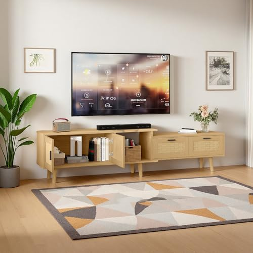 PerGar TV-Schrank, TV Lowboard ausziehbar mit 2 Türen, Länge mit 2 Schubladen und Einlegeboden, Rattan Lowboard für 75-Zoll-Fernseher, TV-Tisch für Wohnzimmer, 169 x 29.8 x 44 cm, Eiche