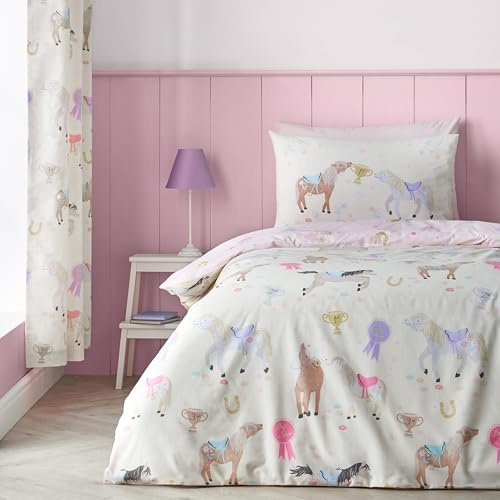 Catherine Lansfield Happy Horses Wende-Bettwäsche-Set für Einzelbett mit Kissenbezug, cremefarben