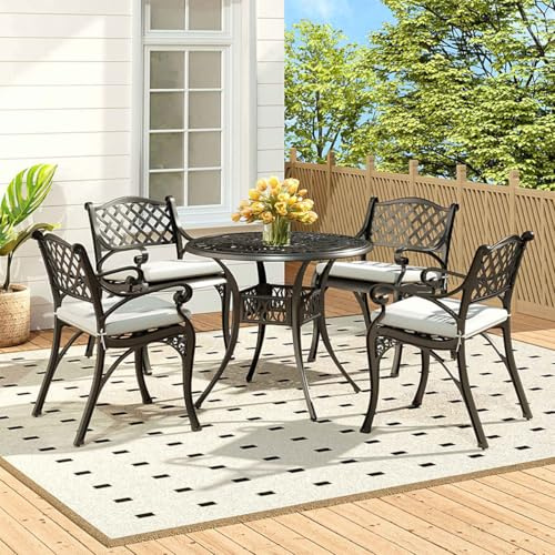 Warmiehomy Garden Table and Chairs Set 5 Pieces Garden Dining Set Cast Aluminum 91cm Round Dining Table with Parasol Hole 4pcs Chairs with Cushion Outdoor Patio Bistro Tables 4 Seater Armchairs