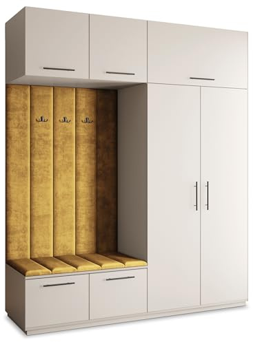 Masseno Flugarderoben Set Rema, Kleiderschrank-Set mit Sitzbank, Garderobenschrank Flur mit 5 Regalböden, Kaschmir