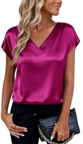 Blusas De Satén con Cuello En V para Mujer Camisas De Manga Corta Camisetas De Trabajo Lisas De Verano para Mujer Blusas De Seda Informales Elegantes Blusas Tipo Túnica para La Oficina