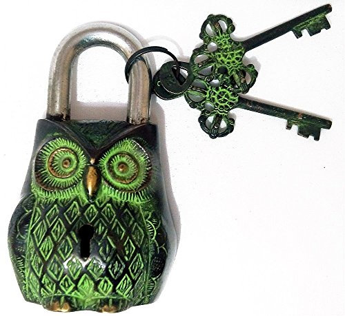 Artvarko Brass and Iron Handicraft Antique Finished Owl Functioning Lock with Two Keys