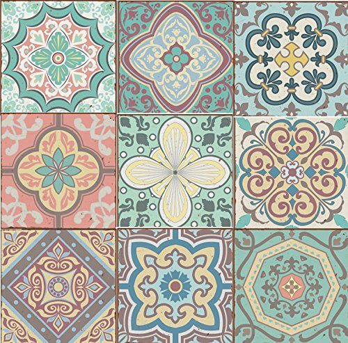 Self Adhesive Wall Tiles Stickers -9 PCS Moroccan Mosaic Style Kitchen Wall Art Tiling Traditional Vintage Design Peel And Stick transfers Tile Paint-Bathroom backsplash kitchen splashbacks (4 inch)