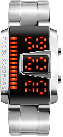TONSHEN Binario Digitale Orologi da Polso 50M Impermeabile LED Elettronico Display Inossidabile Orologio (Argento)