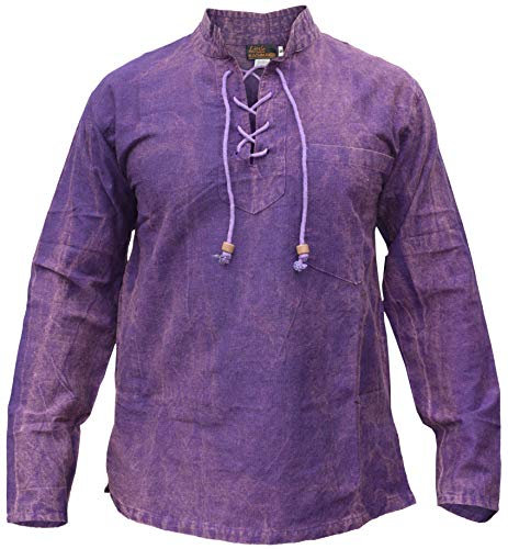 Gheri Mens Hemp Cotton Lace Up V Neck Grandad Shirt Stone Washed Purple XX-Large