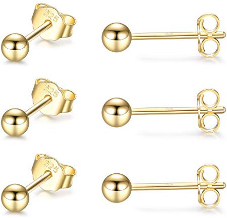 CERSLIMO 3 Paar 3mm 14k Gold Ohrstecker für Damen, 925 Sterlingsilber Klein Roségold 14k Gold Ball Ohrringe Stecker Set für Mädchen Männer Unisex Schlafen Knorpel Schmuck Geschenk