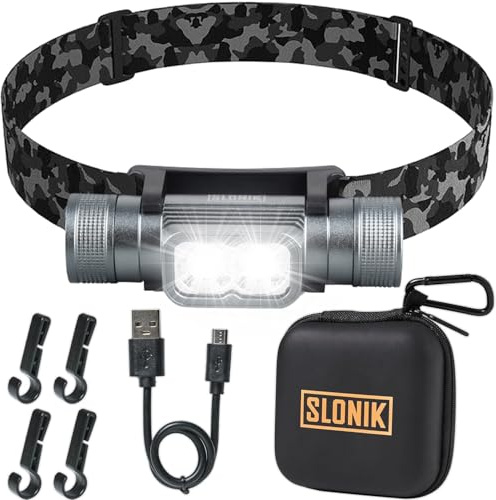 SLONIK Linterna frontal recargable para adultos, 1000 lúmenes, brillante, linterna LED de haz de 60 pies, ligera, resistente, IPX4, luz impermeable para casco, equipo de camping, luces delanteras para
