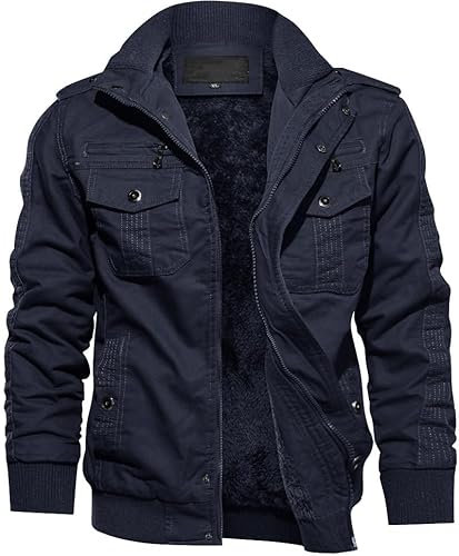TACVASEN Uomo Giacca Militare Invernale Jacket Casual Interno in Pile Caldo collo in Piedi, Navy