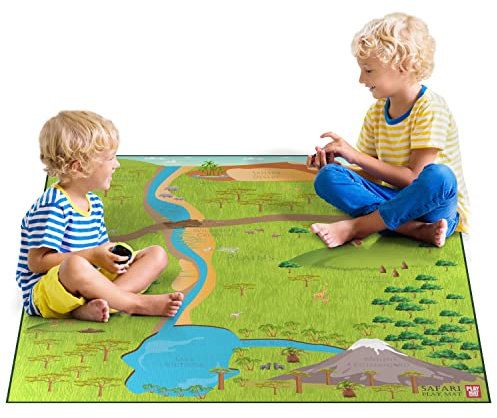 Safari Play Mat for Toy Animals | Foldable Solution |Large Size 57” x 57” | All Safari Animals | African Jungle Serengeti | Child Activity Mat | by Play Mat Factory