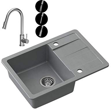 VBChome Spülbecken Mit Armatur 62 x 44 cm Grau Granit Einbauspüle Einzelbecken Abtroffläche Gesprenkelt Reversibel + Siphon Spülmittelspender