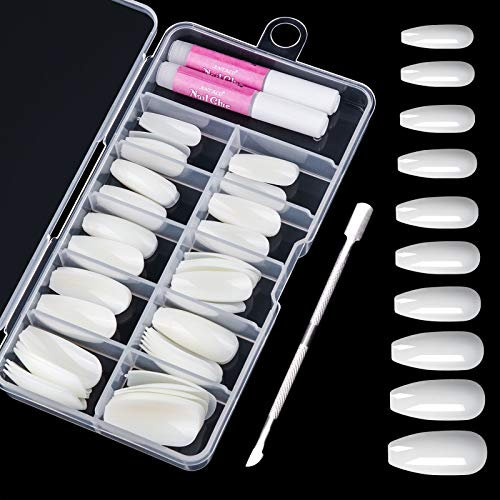 100 Pièces Faux Ongles Naturel Complet Artificiels de Acrylique avec Colle pour Femmes Filles (10 tailles)