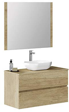 Baikal Mueble de Baño Onyx. Mueble MONTADO, Mueble 2 cajones. Mueble Baño con Lavabo. Mueble Suspendido. Armario de Pared. Lavabo Cerámico. Incluye Espejo. 90cm Nature.