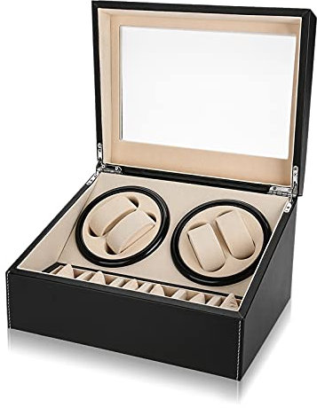 Ejoyous Automatische Uhrenbeweger Box, Uhrendreher Uhrenbox Uhrenbeweger für 4 Automatikuhren + 6 Gitter Uhrenaufbewahrungsgehäuse, Aufbewahrungsbox Automatikuhren Leise, EU-Stecker(Black)