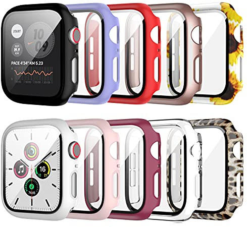 JZK Lot de 10 coques avec protection d'écran en verre trempé pour Apple Watch 40 mm Series 6/5/4/SE, coque rigide en polycarbonate rigide avec motif léopard et tournesol pour iWatch 40 mm Accessoires
